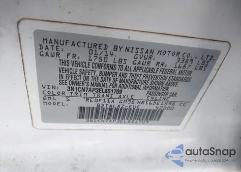 2014 Nissan Versa 1.6 S+ z USA, uszkodzony, nr VIN 3N1CN7AP3EL851709